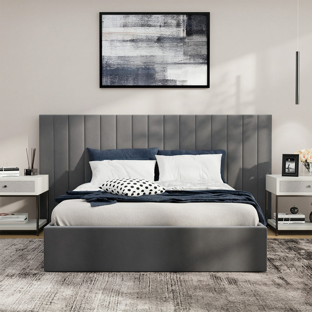 Adore Extra Wide Grey Velvet Fabric Gas Lift Bed | Soft Touch Velvet Luxury 2 in 1 Storage Bed Frame