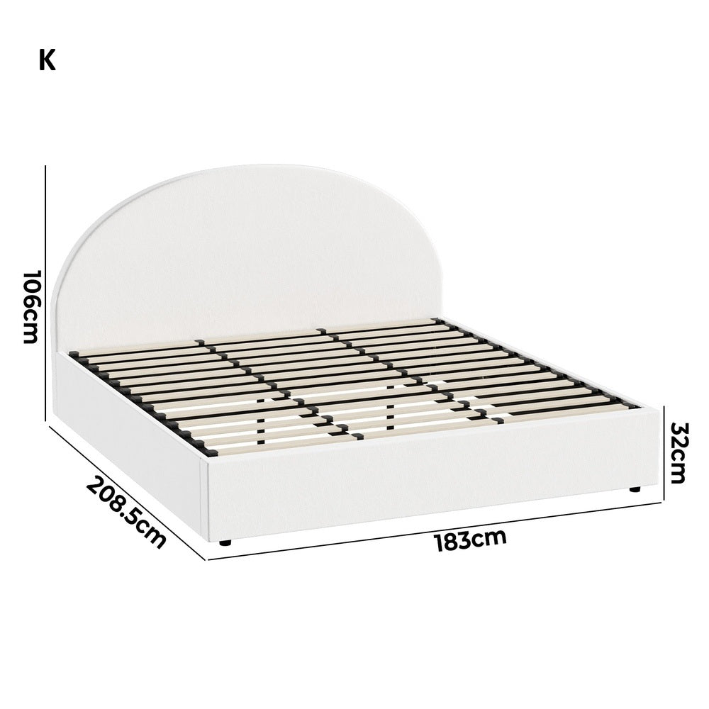 Luna Luxe PU Leather Round White Gas Lift Bed | White Soft Cushioned Big Storage Arched Bed Frame