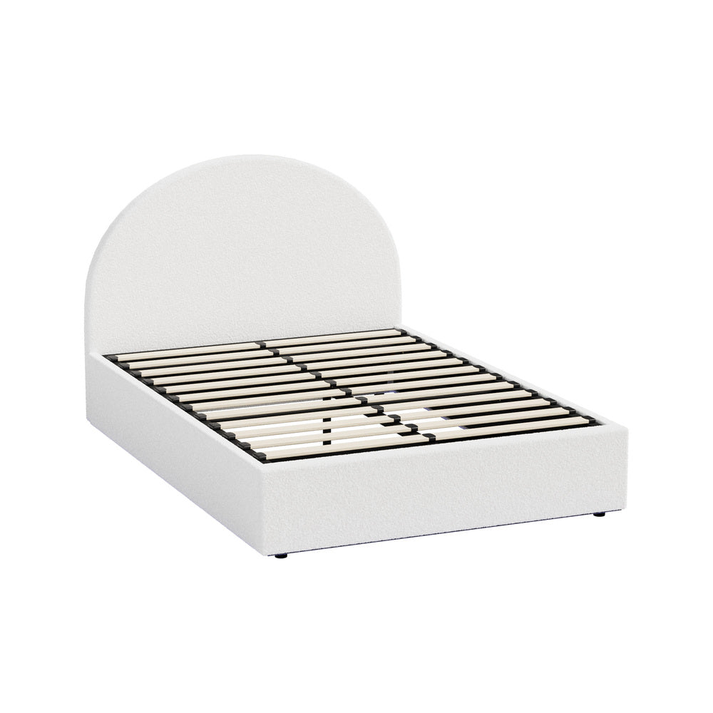 Luna LED White Boucle Gas Lift Storage Bed | Glow Soft Cushioned Arched Boucle Bed Frame