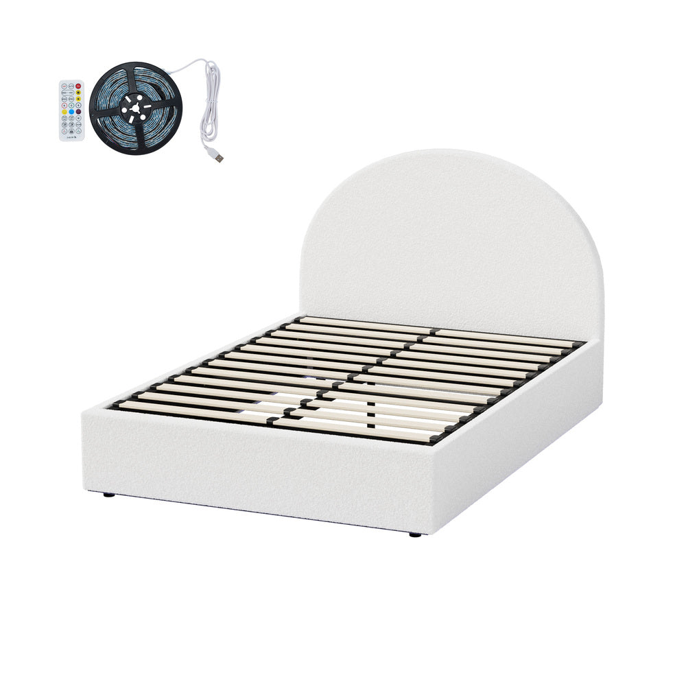 Luna LED White Boucle Gas Lift Storage Bed | Glow Soft Cushioned Arched Boucle Bed Frame