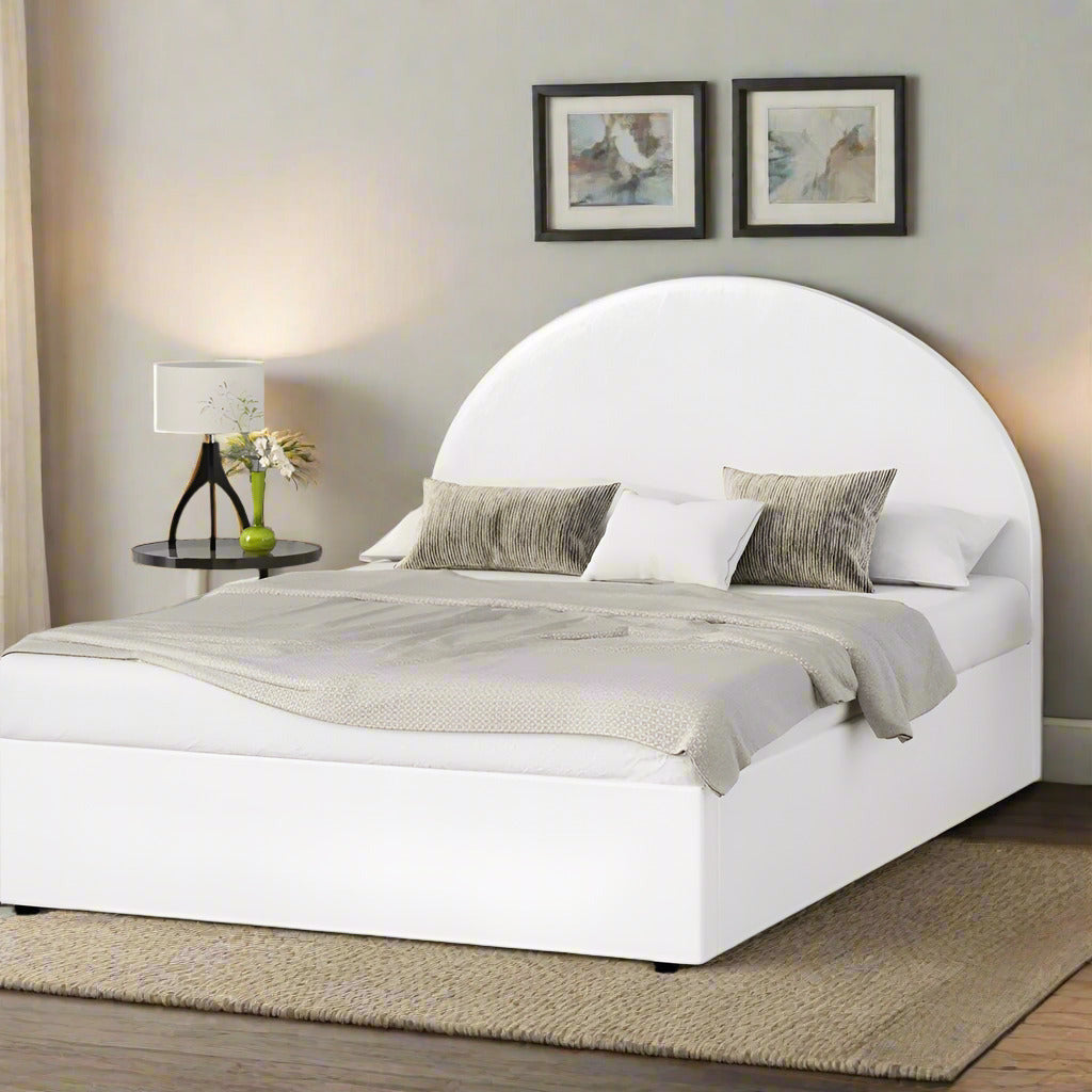 Luna Luxe PU Leather Round White Gas Lift Bed | White Soft Cushioned Big Storage Arched Bed Frame