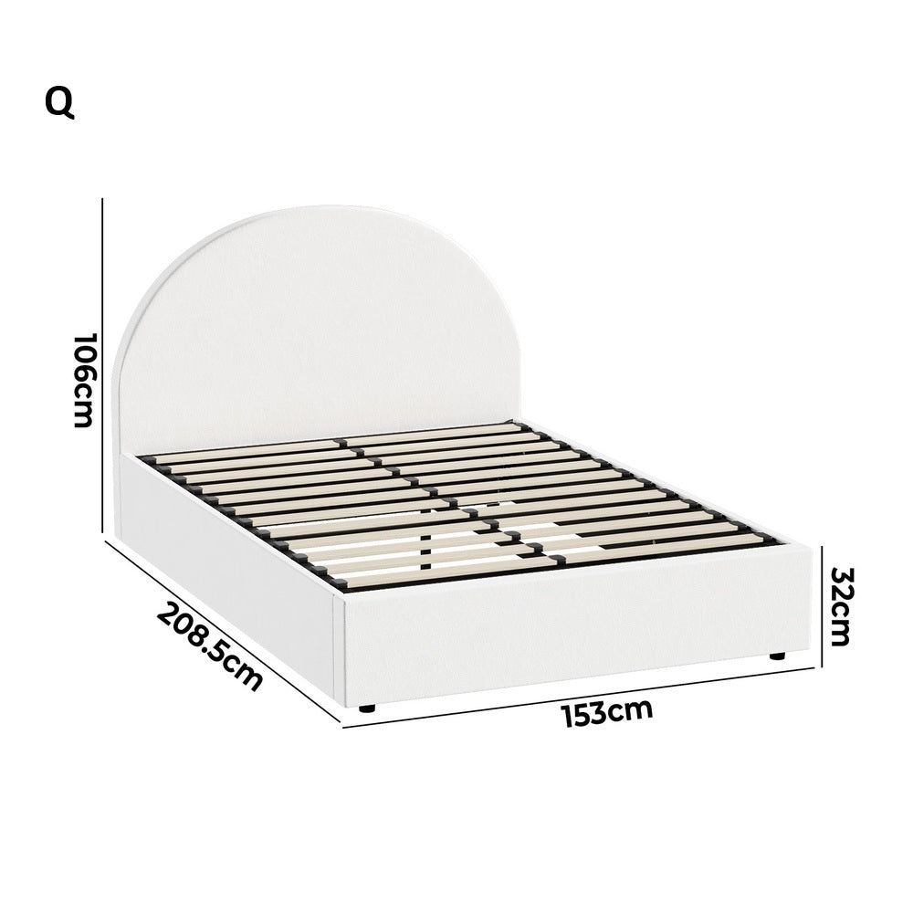 Luna Luxe PU Leather Round White Gas Lift Bed | White Soft Cushioned Big Storage Arched Bed Frame