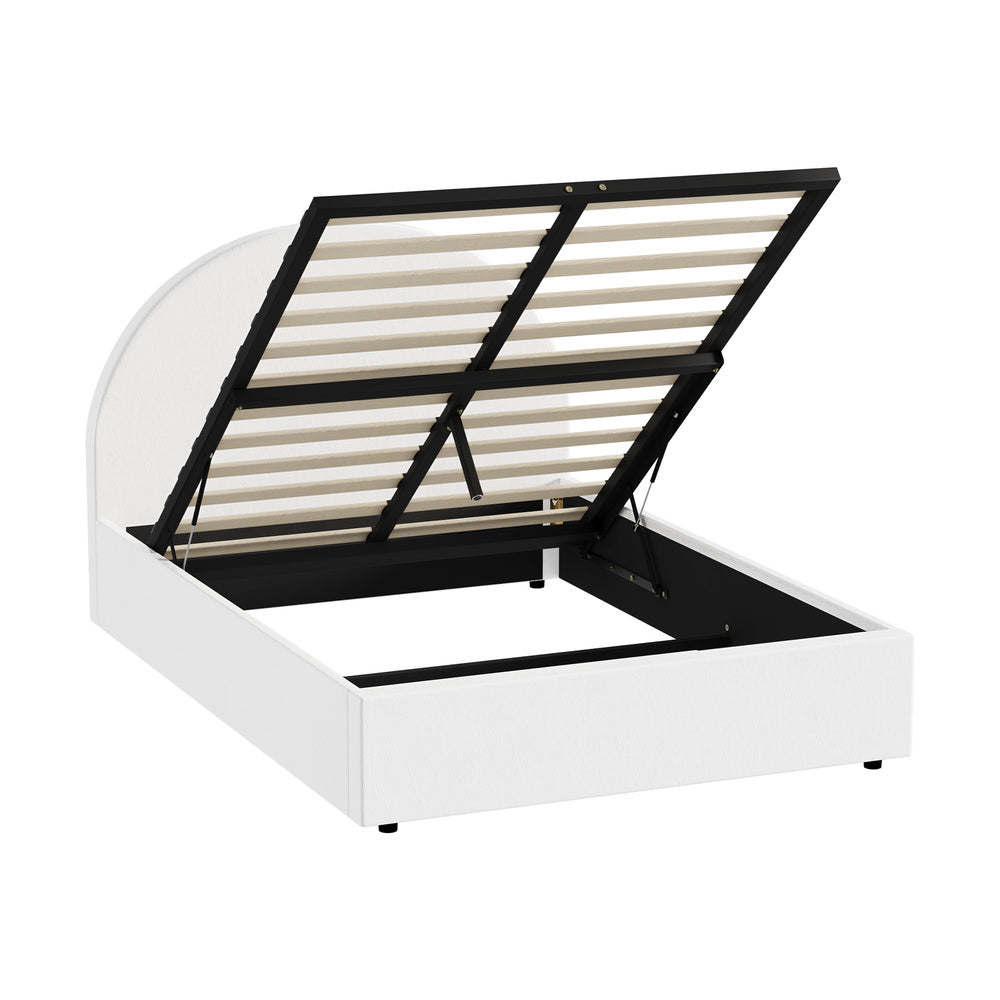 Luna Luxe PU Leather Round White Gas Lift Bed | White Soft Cushioned Big Storage Arched Bed Frame