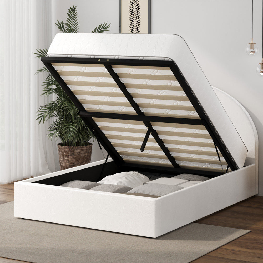 Luna Luxe PU Leather Round White Gas Lift Bed | White Soft Cushioned Big Storage Arched Bed Frame