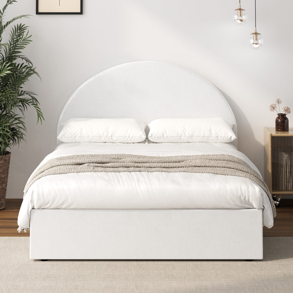 Luna Luxe PU Leather Round White Gas Lift Bed | White Soft Cushioned Big Storage Arched Bed Frame