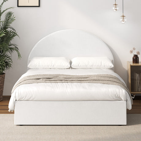 Luna Luxe PU Leather Round White Gas Lift Bed | White Soft Cushioned Big Storage Arched Bed Frame