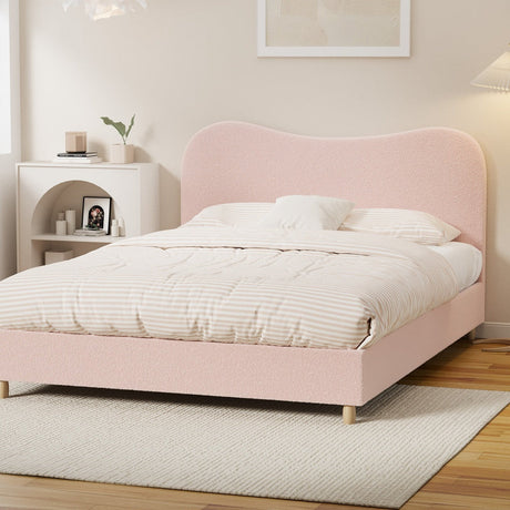 Teddy Plush Heart Pink Boucle Fabric Bed | Cloud Shape Cushioned Touch Upholstered Boucle Bed Frame
