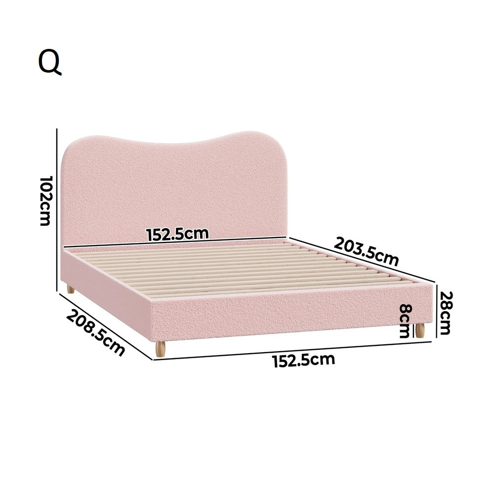 Teddy Plush Heart Pink Boucle Fabric Bed | Cloud Shape Cushioned Touch Upholstered Boucle Bed Frame