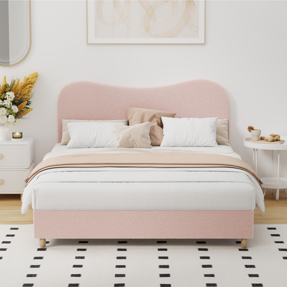 Teddy Plush Heart Pink Boucle Fabric Bed | Cloud Shape Cushioned Touch Upholstered Boucle Bed Frame