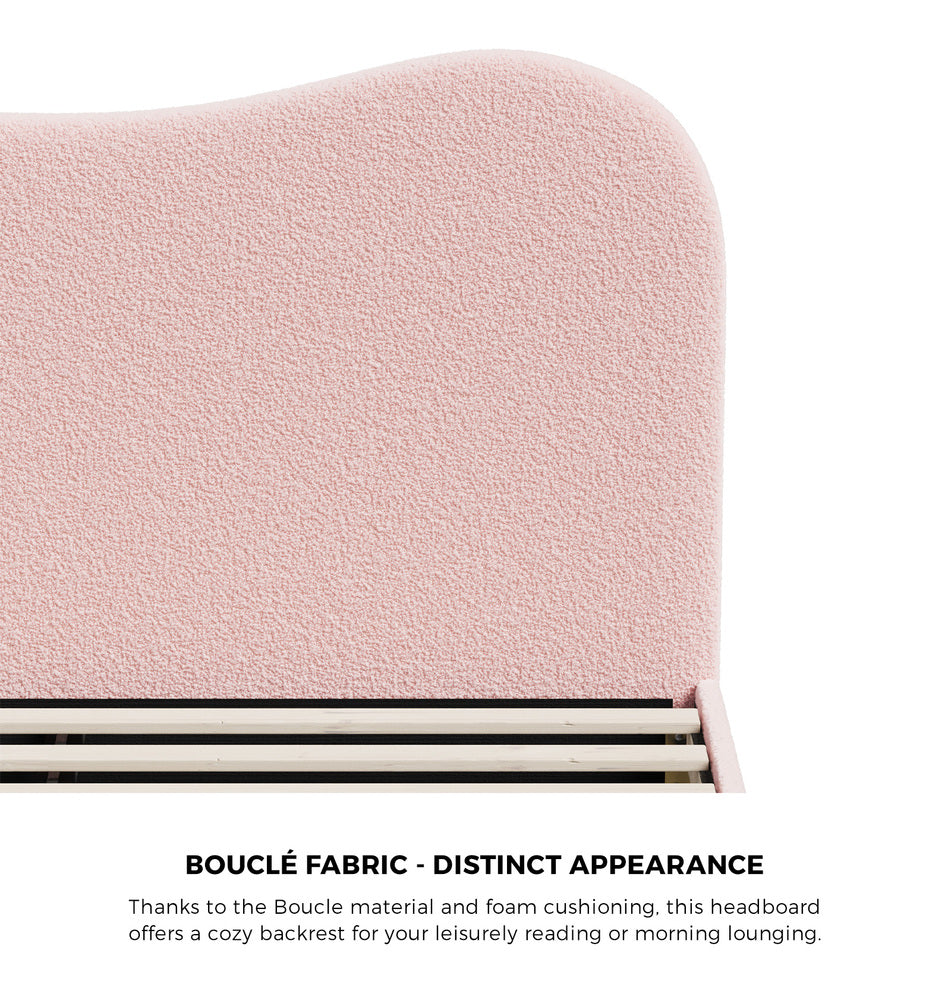 Teddy Plush Heart Pink Boucle Fabric Bed | Cloud Shape Cushioned Touch Upholstered Boucle Bed Frame