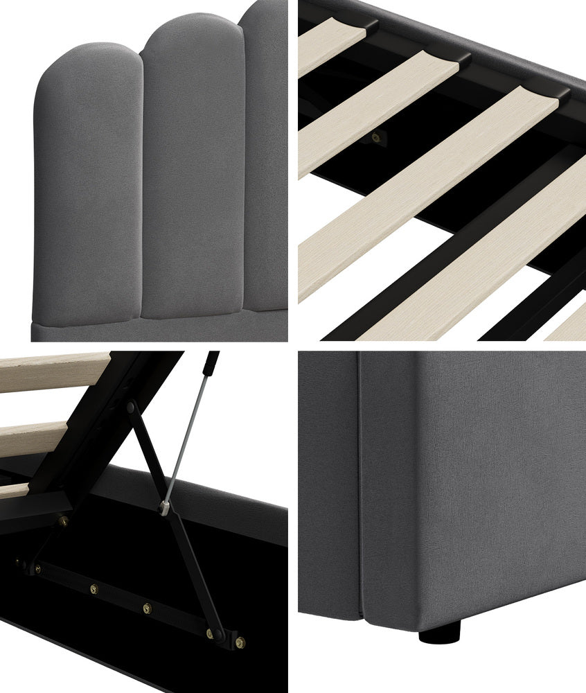 Allure Ripple Grey Soft Velvet Fabric Gas Lift Storage Bed | Two In One Bed and Storage Combo Bed Frame