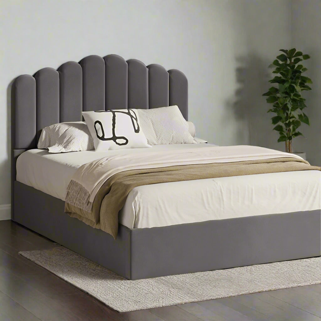 Allure Ripple Grey Soft Velvet Fabric Gas Lift Storage Bed | Two In One Bed and Storage Combo Bed Frame