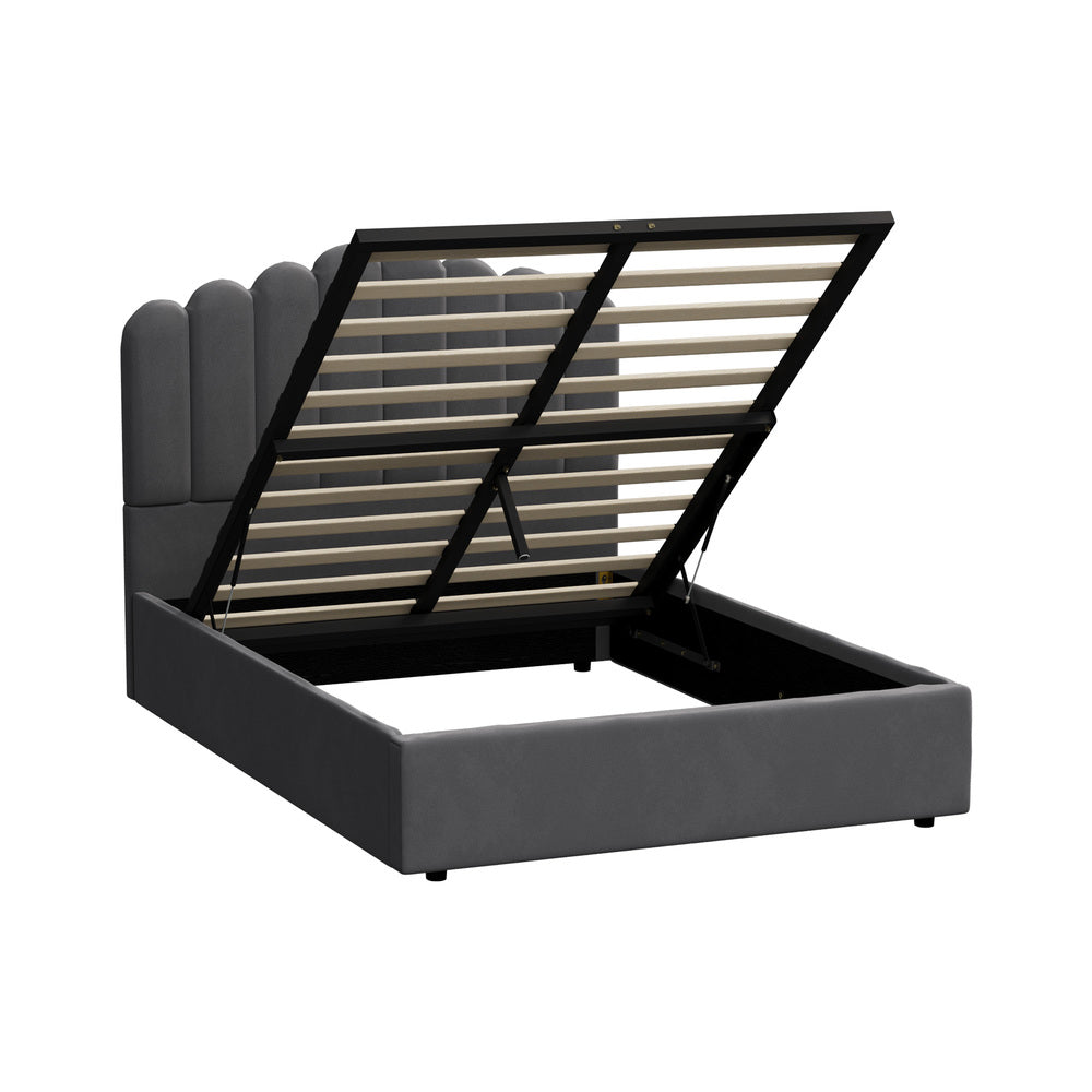 Allure Ripple Grey Soft Velvet Fabric Gas Lift Storage Bed | Two In One Bed and Storage Combo Bed Frame