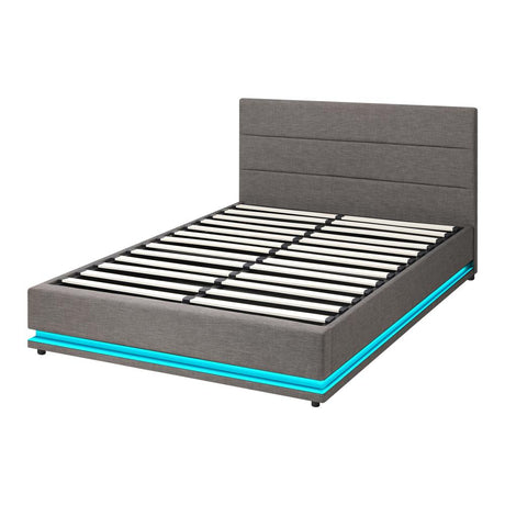 Aria Supreme Luxe Grey Fabric LED Bed Frame | Modern Soft Touch Fabric Gas Lift Storage Bed