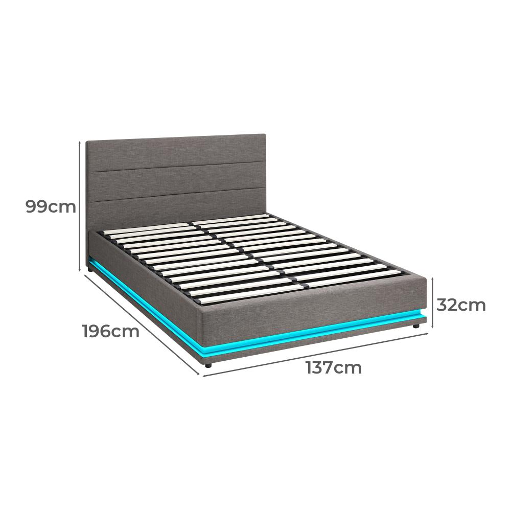 Aria Supreme Luxe Grey Fabric LED Bed Frame | Modern Soft Touch Fabric Gas Lift Storage Bed