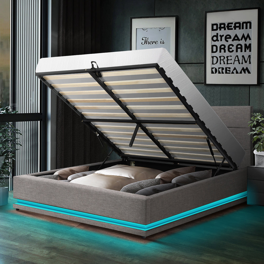 Aria Supreme Luxe Grey Fabric LED Bed Frame | Modern Soft Touch Fabric Gas Lift Storage Bed