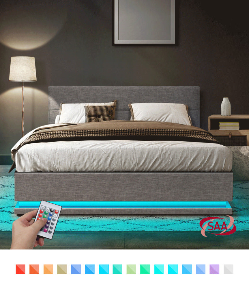 Aria Supreme Luxe Grey Fabric LED Bed Frame | Modern Soft Touch Fabric Gas Lift Storage Bed