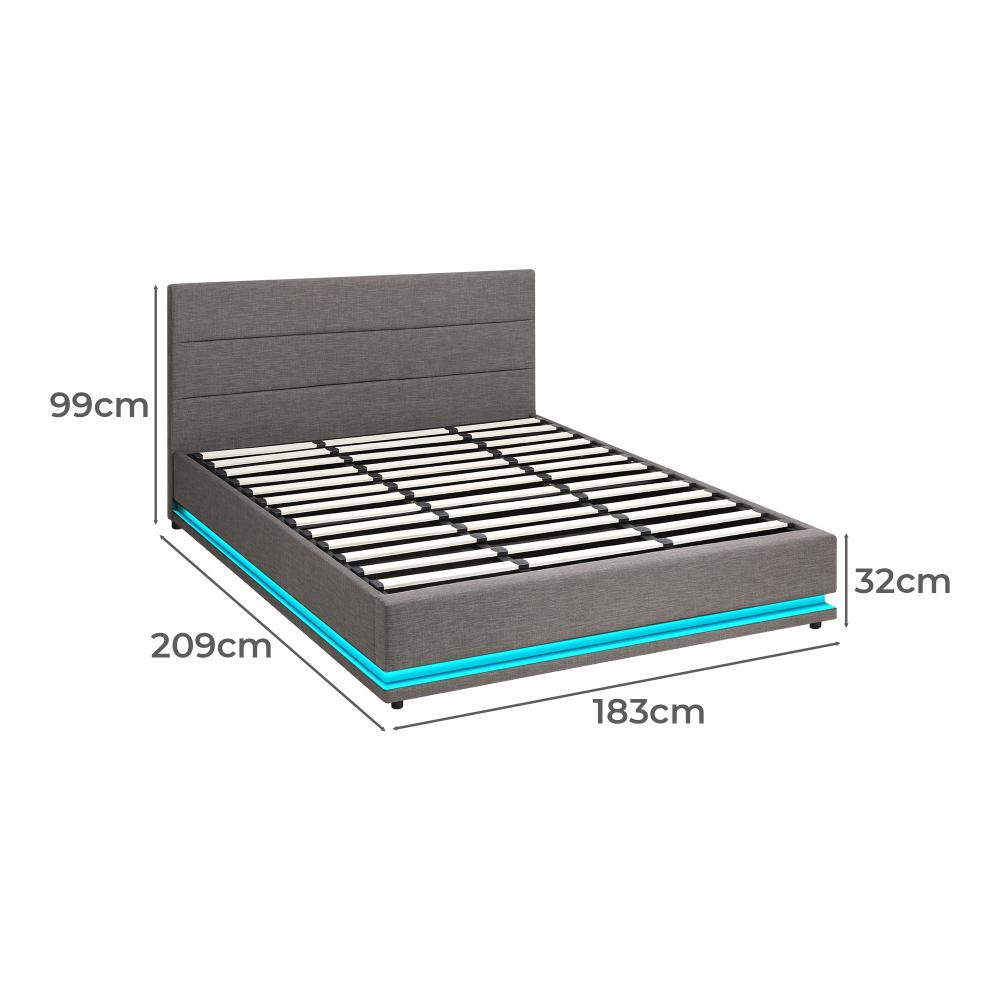 Aria Supreme Luxe Grey Fabric LED Bed Frame | Modern Soft Touch Fabric Gas Lift Storage Bed