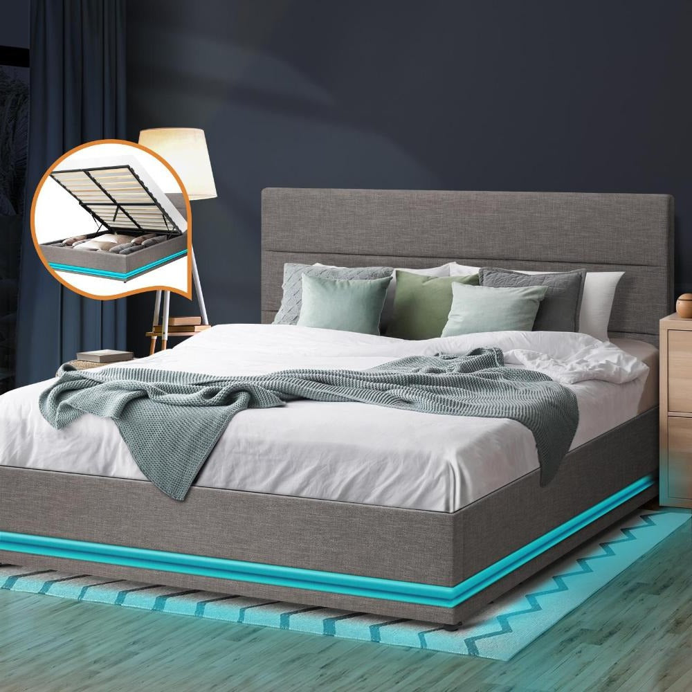 Aria Supreme Luxe Grey Fabric LED Bed Frame | Modern Soft Touch Fabric Gas Lift Storage Bed