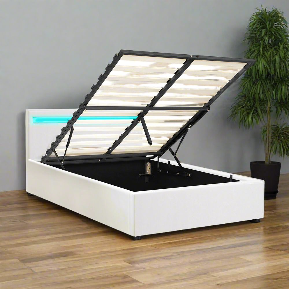 Premium Milano White PU Leather LED Gas Lift Storage Bed | Two In One White Bed Frame and Storage Combo