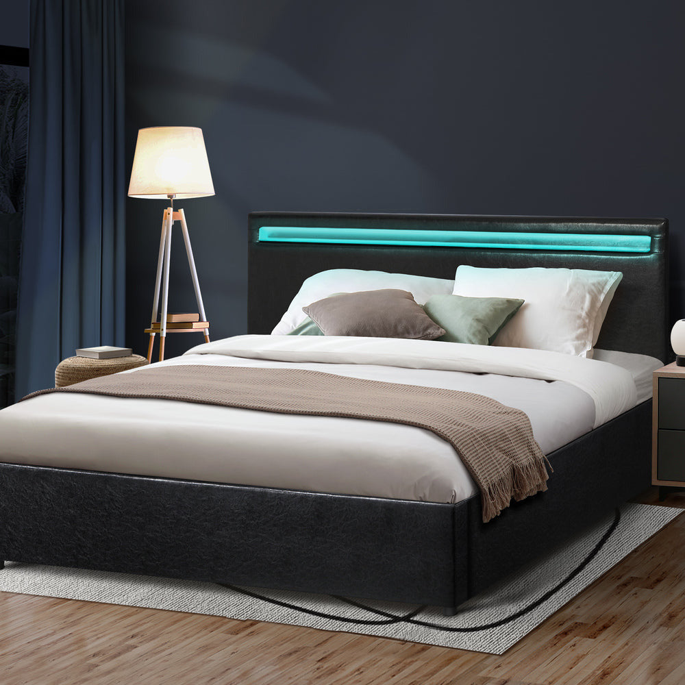 Premium Milano Black PU Leather LED Gas Lift Storage Bed | Two In One Black Bed Frame and Storage Combo