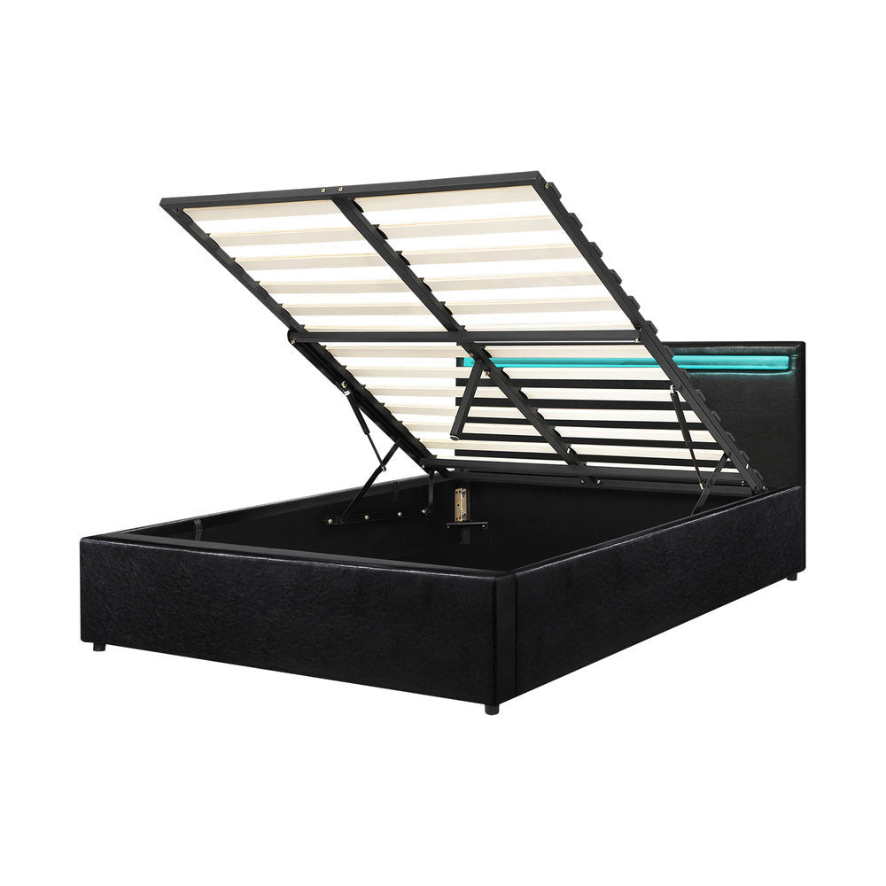 Premium Milano Black PU Leather LED Gas Lift Storage Bed | Two In One Black Bed Frame and Storage Combo