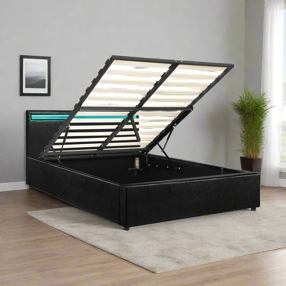 Premium Milano Black PU Leather LED Gas Lift Storage Bed | Two In One Black Bed Frame and Storage Combo