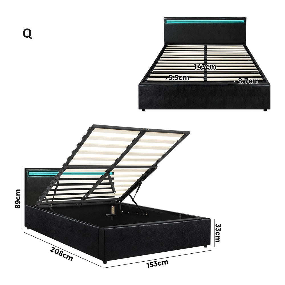 Premium Milano Black PU Leather LED Gas Lift Storage Bed | Two In One Black Bed Frame and Storage Combo