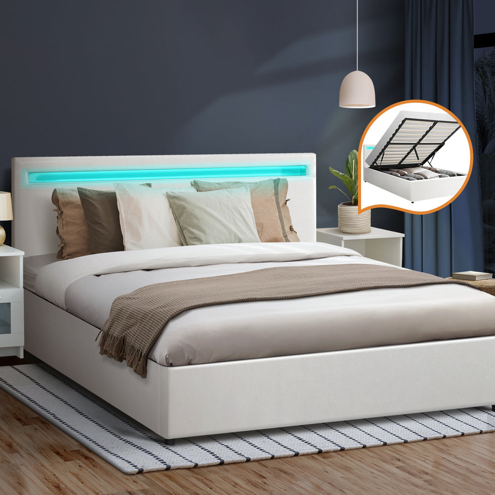 Premium Milano White PU Leather LED Gas Lift Storage Bed | Two In One White Bed Frame and Storage Combo