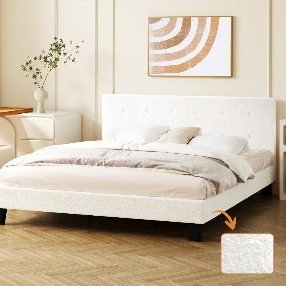Teddy Luxe Soft Boucle Fabric Tuffted White Bed | Cushioned White Upholstered Tuffted Design Boucle Bed Frame