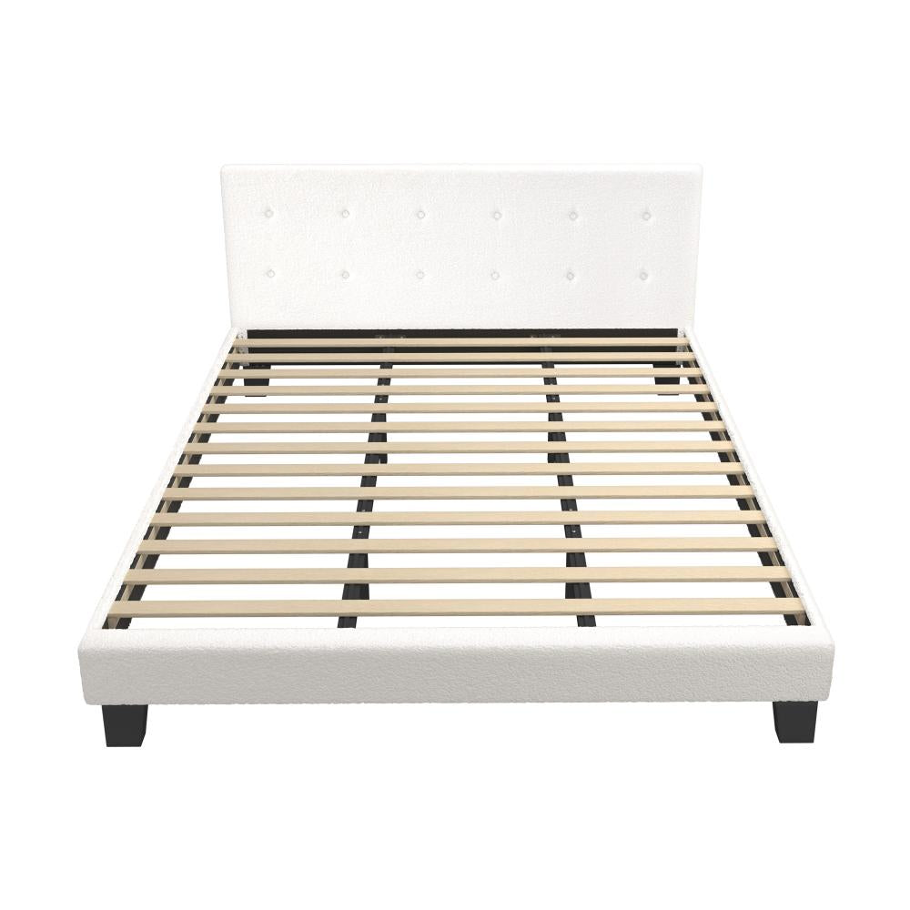 Teddy Luxe Soft Boucle Fabric Tuffted White Bed | Cushioned White Upholstered Tuffted Design Boucle Bed Frame