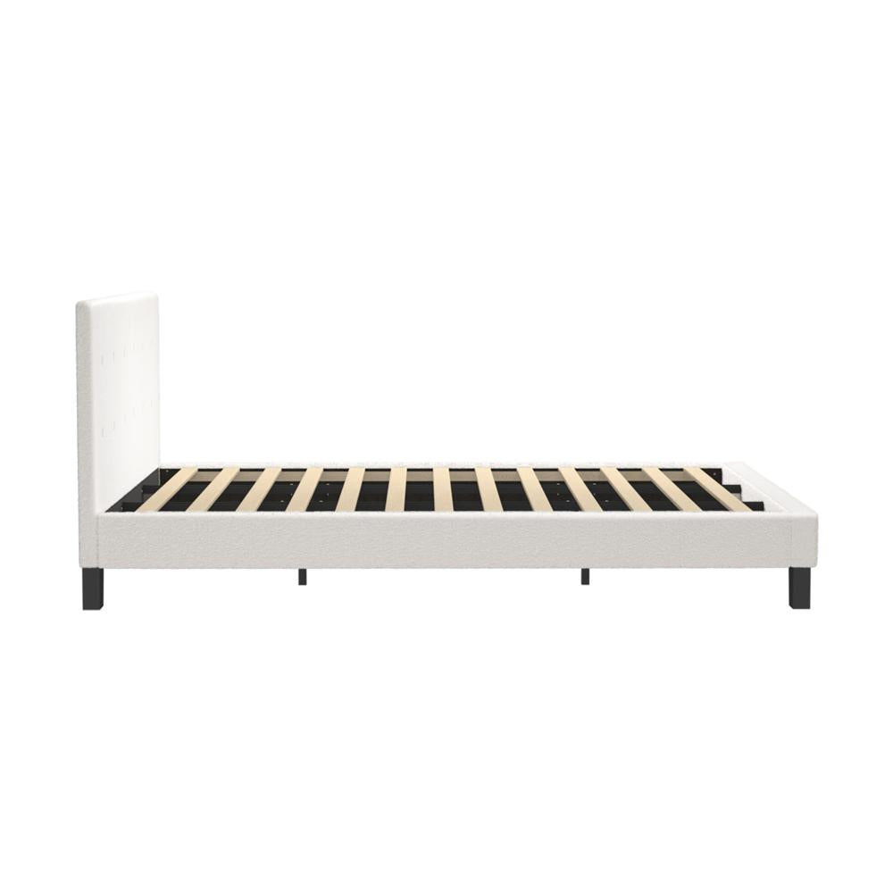 Teddy Luxe Soft Boucle Fabric Tuffted White Bed | Cushioned White Upholstered Tuffted Design Boucle Bed Frame