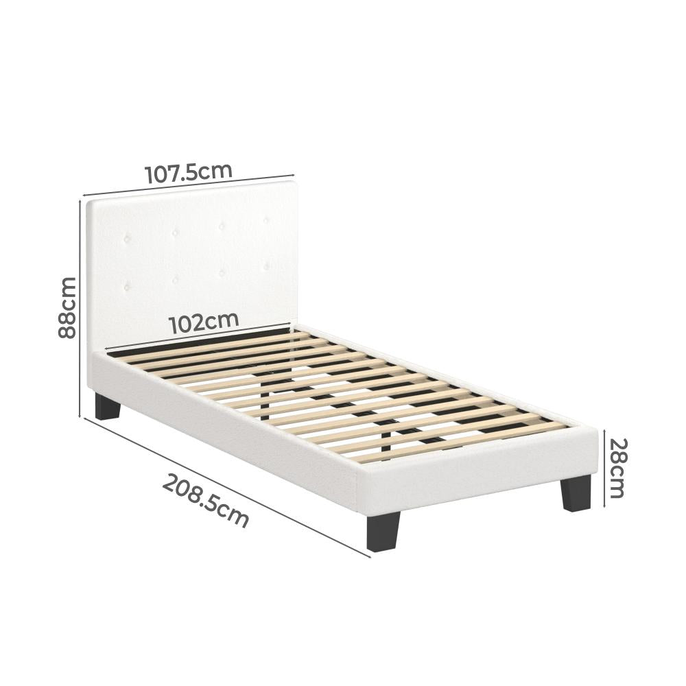 Teddy Luxe Soft Boucle Fabric Tuffted White Bed | Cushioned White Upholstered Tuffted Design Boucle Bed Frame