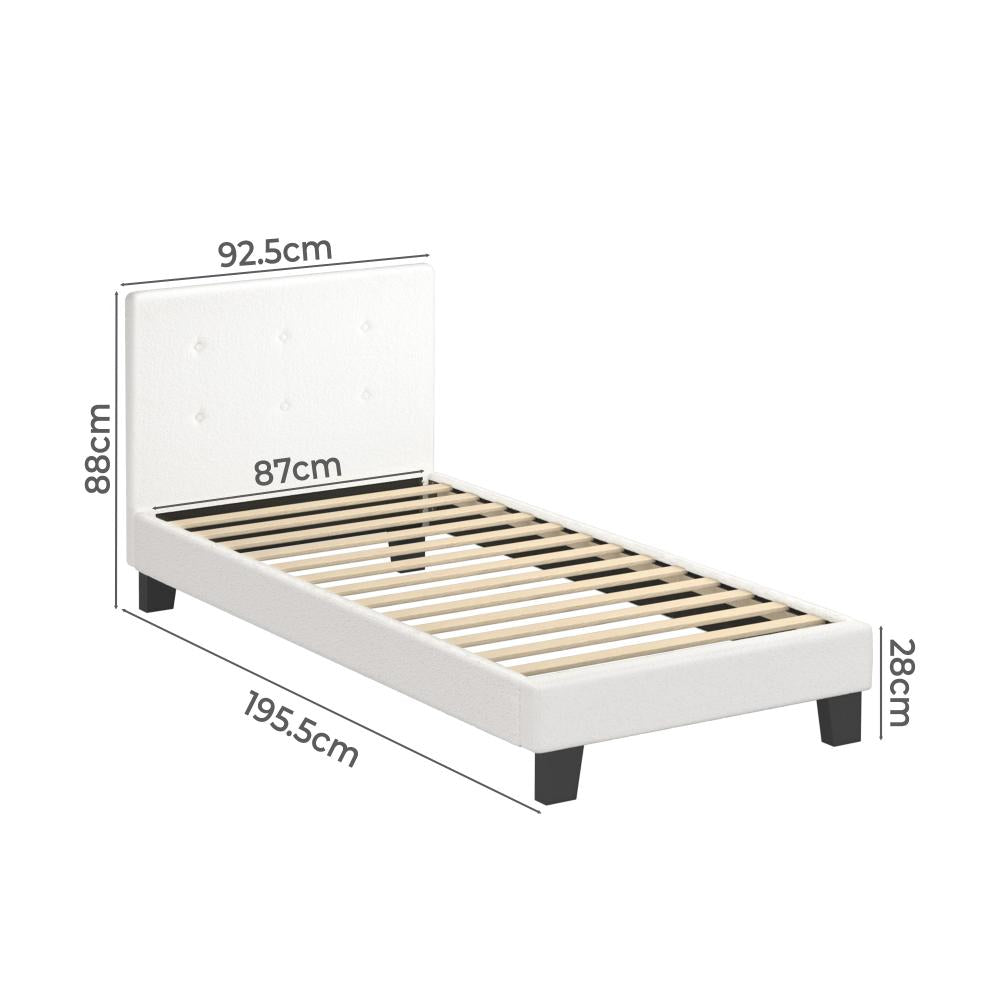 Teddy Luxe Soft Boucle Fabric Tuffted White Bed | Cushioned White Upholstered Tuffted Design Boucle Bed Frame