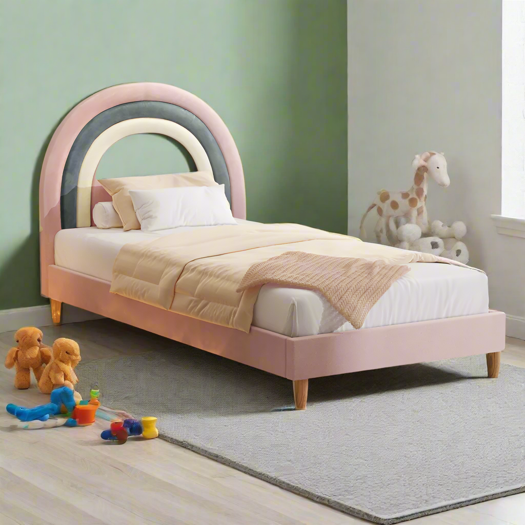 Rainbow Unicorn Style Velvet Bed Frame | Single Size Kids Pink Soft Velvet Fabric Bed