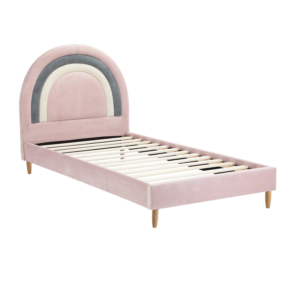 Rainbow Unicorn Style Velvet Bed Frame | Single Size Kids Pink Soft Velvet Fabric Bed