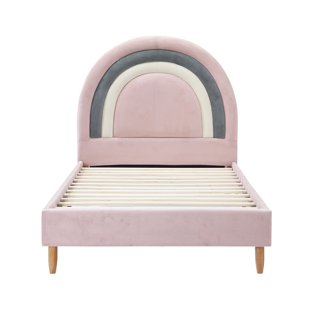 Rainbow Unicorn Style Velvet Bed Frame | Single Size Kids Pink Soft Velvet Fabric Bed