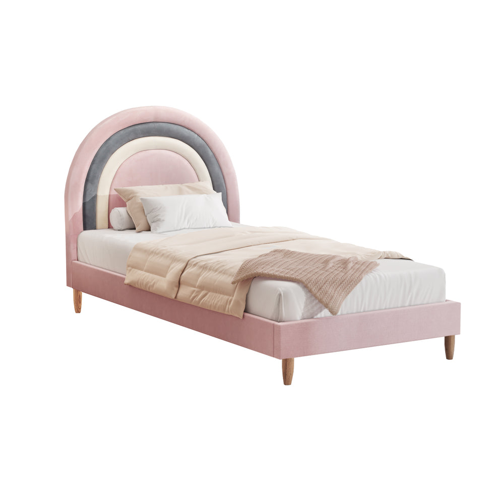 Rainbow Unicorn Style Velvet Bed Frame | Single Size Kids Pink Soft Velvet Fabric Bed