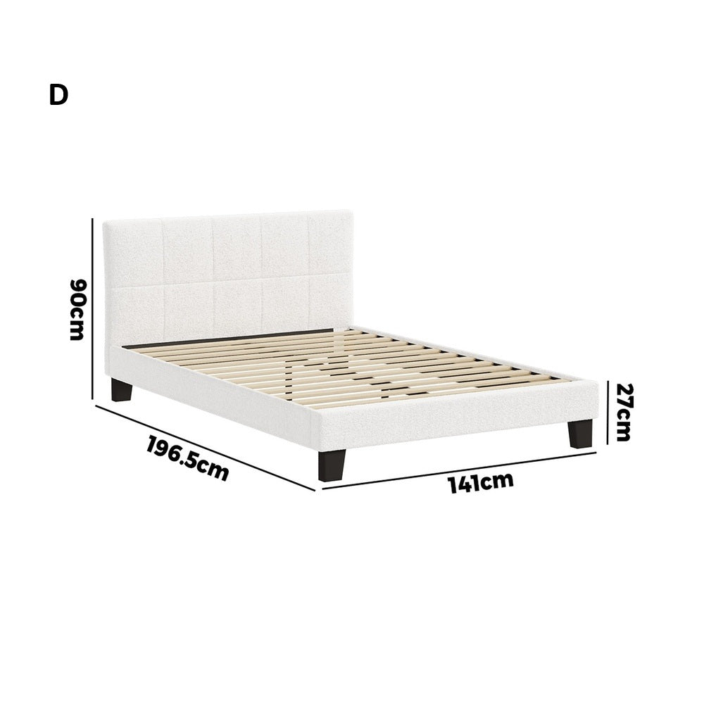 Nora Teddy Boucle Fabric Grid Design Bed | Modern Cushioned Touch White Upholstered Boucle Bed Frame