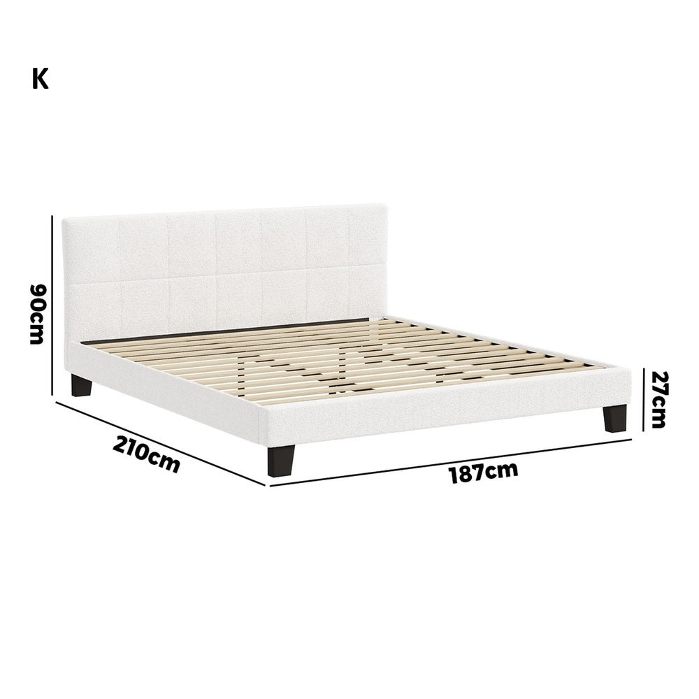 Nora Teddy Boucle Fabric Grid Design Bed | Modern Cushioned Touch White Upholstered Boucle Bed Frame