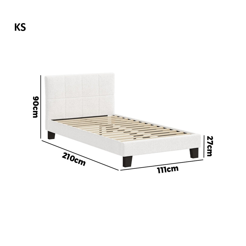 Nora Teddy Boucle Fabric Grid Design Bed | Modern Cushioned Touch White Upholstered Boucle Bed Frame