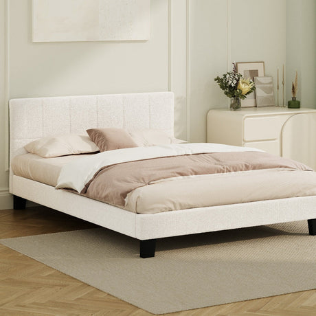Nora Teddy Boucle Fabric Grid Design Bed | Modern Cushioned Touch White Upholstered Boucle Bed Frame