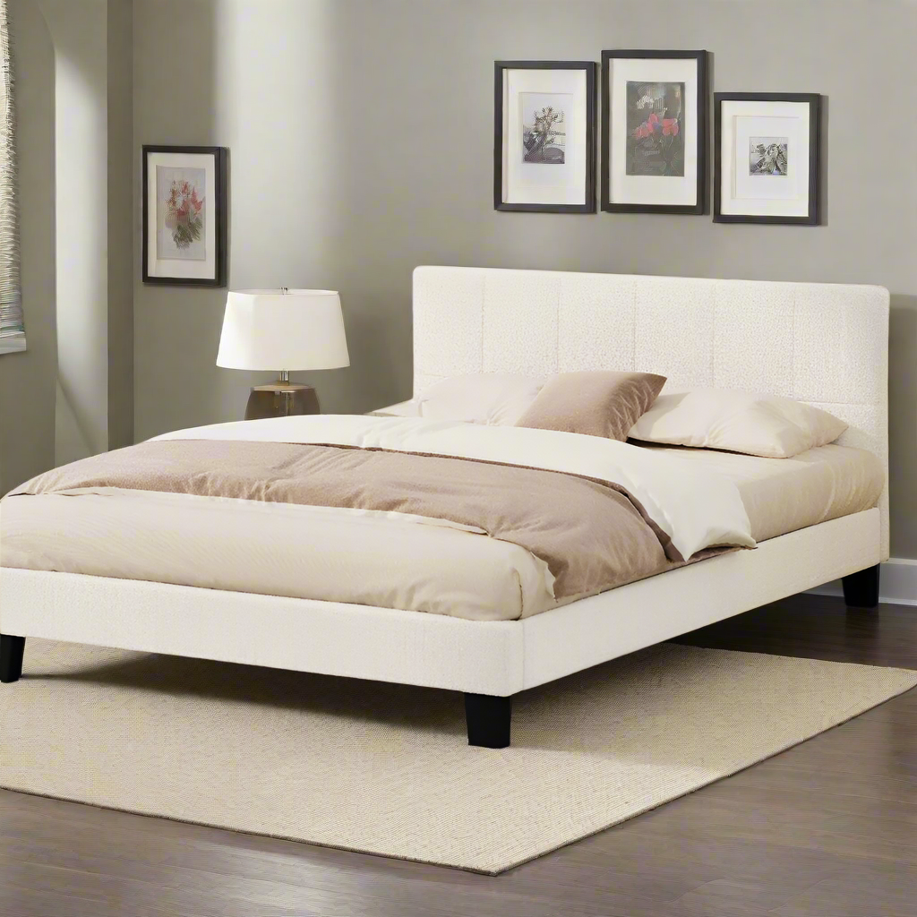 Nora Teddy Boucle Fabric Grid Design Bed | Modern Cushioned Touch White Upholstered Boucle Bed Frame