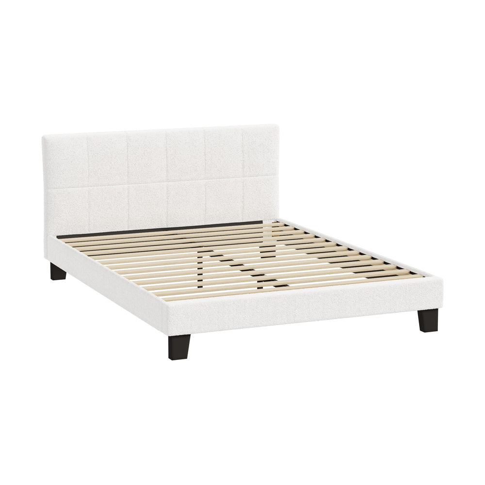 Nora Teddy Boucle Fabric Grid Design Bed | Modern Cushioned Touch White Upholstered Boucle Bed Frame