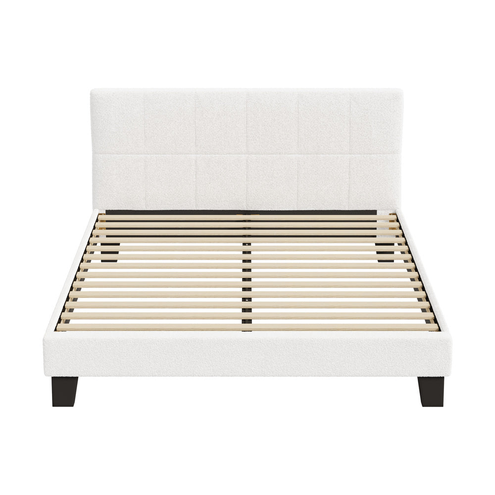 Nora Teddy Boucle Fabric Grid Design Bed | Modern Cushioned Touch White Upholstered Boucle Bed Frame