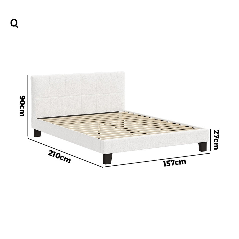 Nora Teddy Boucle Fabric Grid Design Bed | Modern Cushioned Touch White Upholstered Boucle Bed Frame