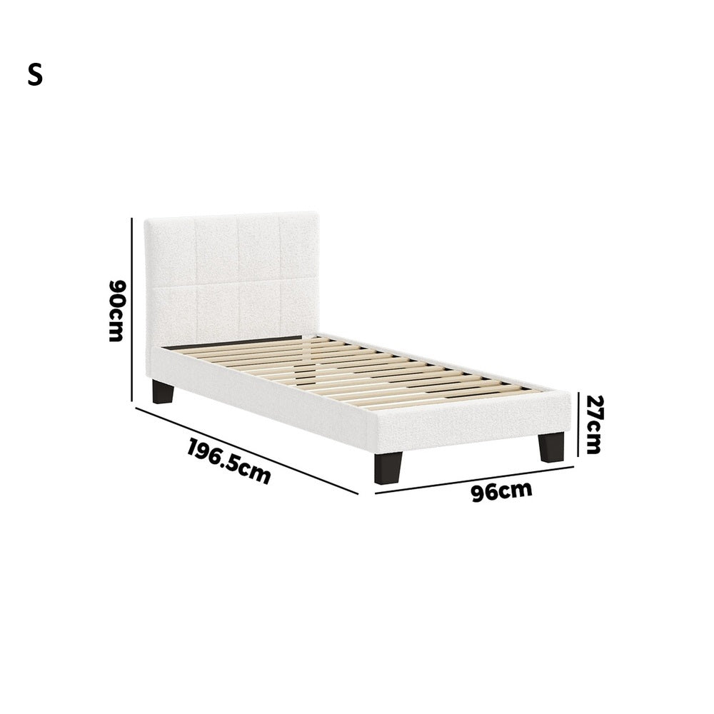 Nora Teddy Boucle Fabric Grid Design Bed | Modern Cushioned Touch White Upholstered Boucle Bed Frame