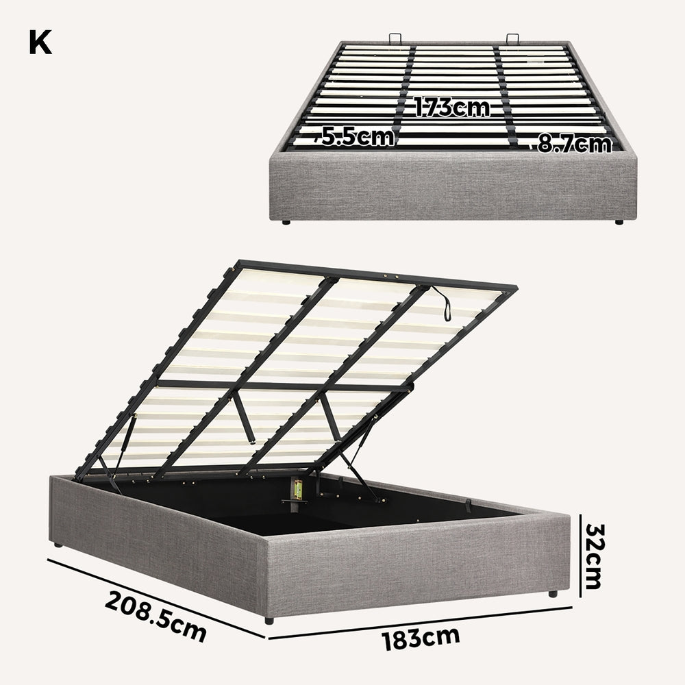 Premium Milano Grey Fabric Platform Bed Base | Two in One Gas Lift Storage Bed Base No Headboard