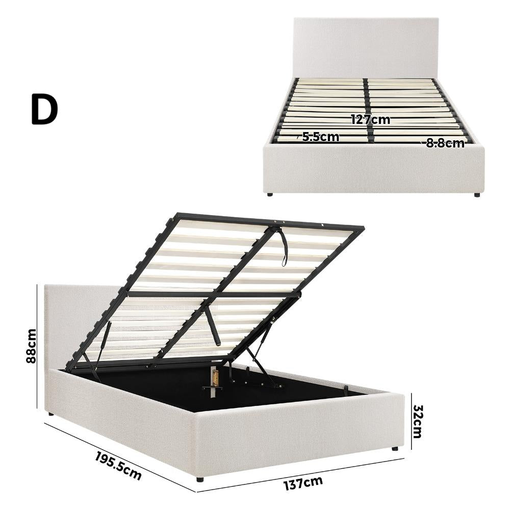 Premium Milano White Boucle Fabric Gas Lift Storage Bed | Two In One Bed and Storage Combo