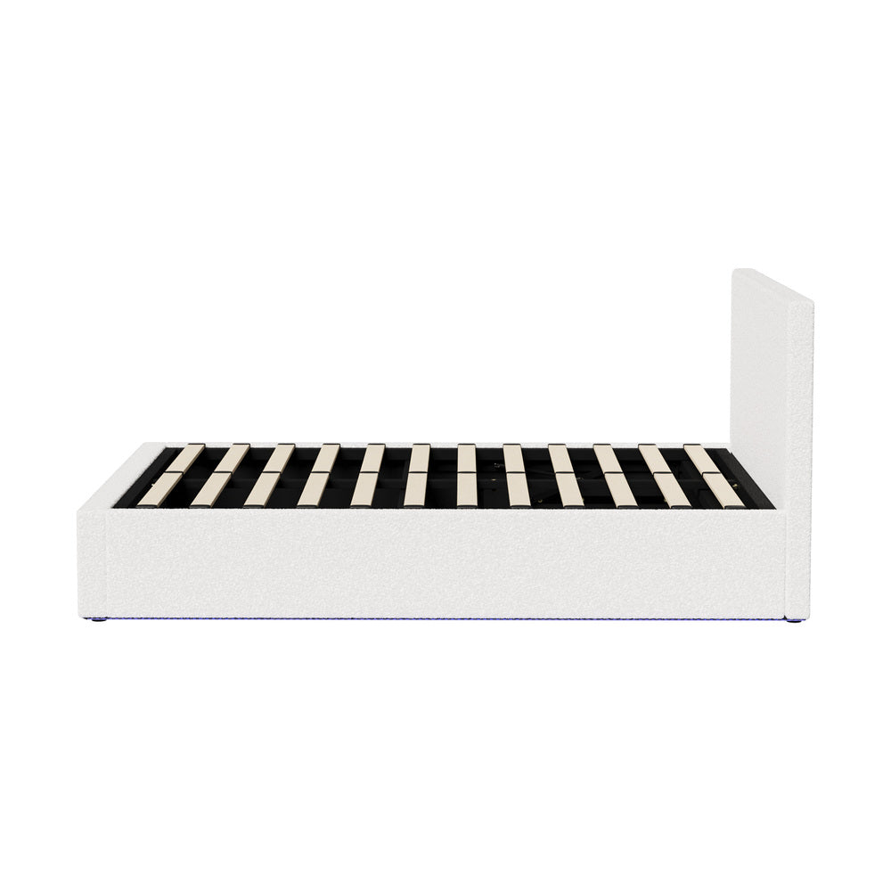 Premium Milano LED White Boucle Fabric Gas Lift Storage Bed | Glow Cushioned Two In One Bed and Storage Combo